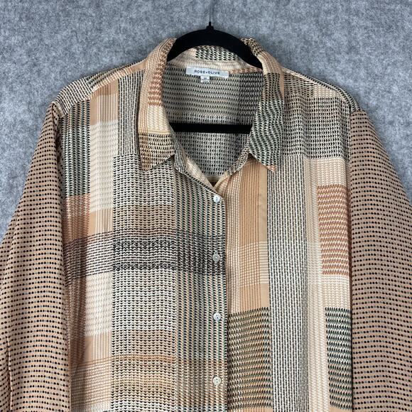 Rose Olive Tunic Top Woman 3X Button Up Geometric 3/4 Sleeve Lightweight - Picture 2 of 14